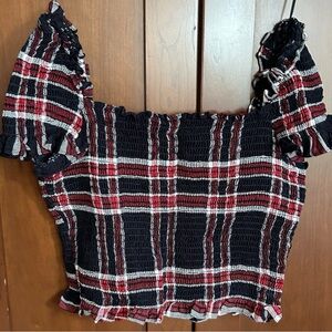 LIKELY Red & Black Plaid Square-Neck Tube-Top with Cute Puff Sleeves XS